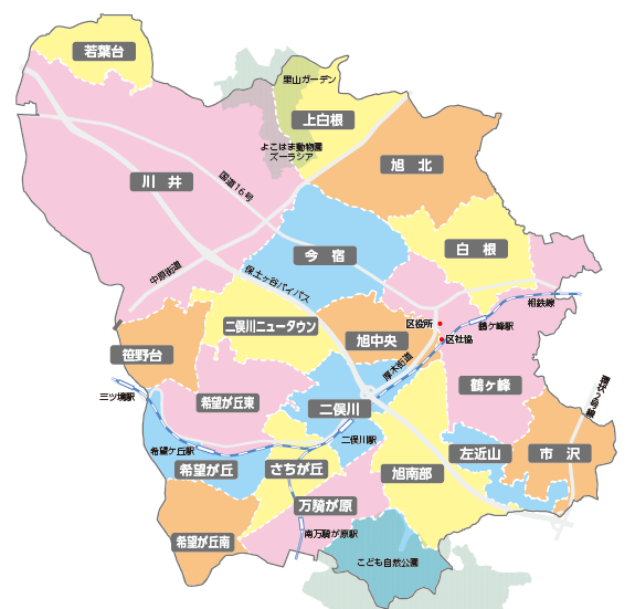 旭区内を19地区に分割したマップ。連合町内会圏域をベースとしている。