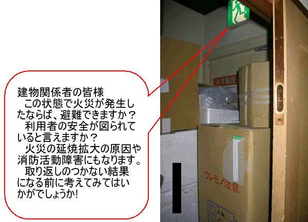 避難口に荷物が置かれ開かない状況を示しています