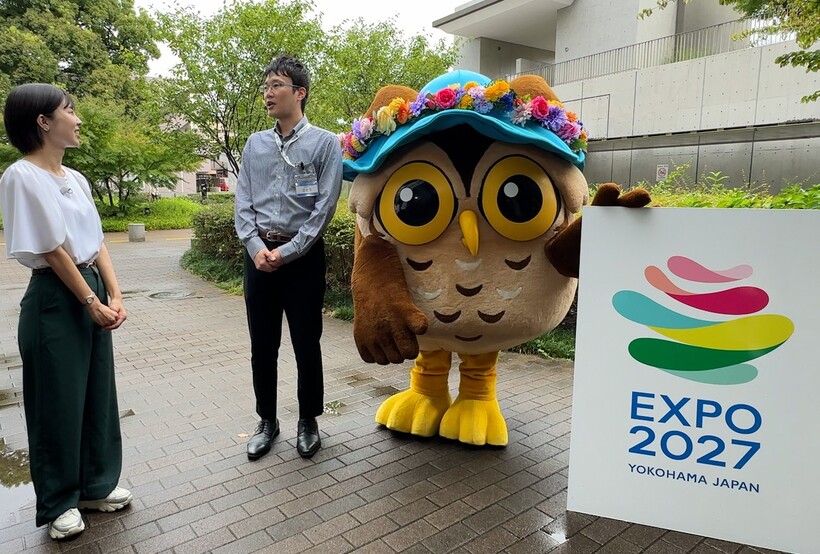 画像：開幕まであと半年となったエクスポの紹介をする瀬谷区職員、せやまるくん、ナビゲーター