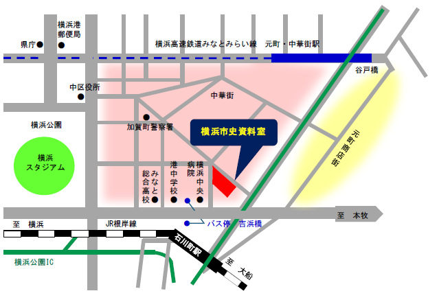 横浜市市史資料室の案内地図