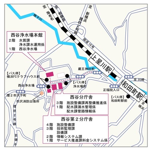 Guide map of Nishiya Water Purification Plant Main Building and Branch Government Building