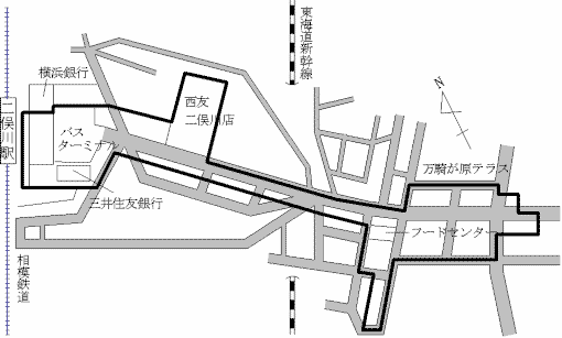 Mapa del Futamatagawa, Asahi-ku el centro comercial de la salida sur