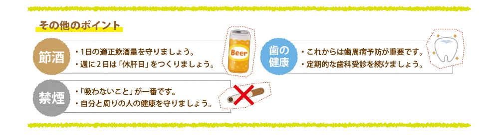 Illustration of other points of sake saving, smoking cessation, and dental health