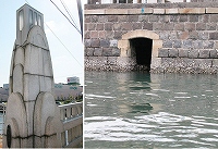 八幡橋親柱とアーチ状の下水吐口