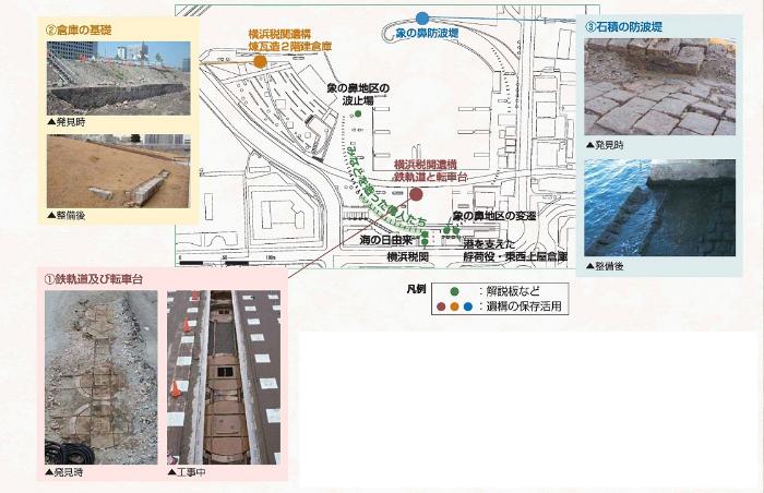 象の鼻パーク内の港の遺構の発見場所と写真
