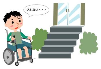 휠체어에 탄 남자아이와 계단