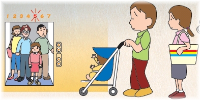 A ilustração que a pessoa que um elevador está cheio, e empurra o carrinho de criança tem dificuldade com