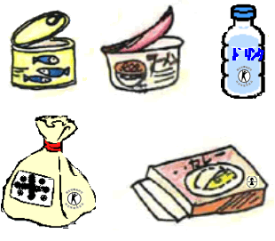薬局で売っている食品類（缶詰・レトルト・ドリンク・米・カレールウ）のイラスト