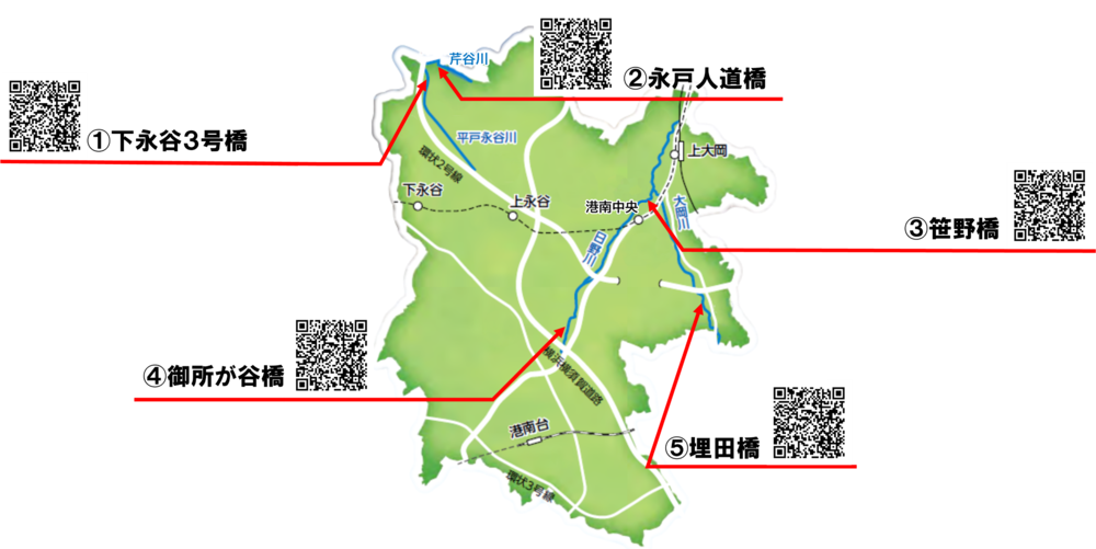 港南区内の河川と水位計の場所の図