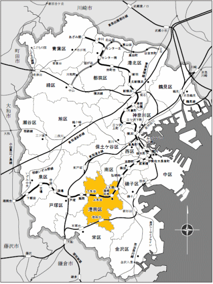 表示橫濱市裡面的港南區的位置、形勢的地圖