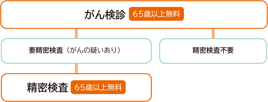がん検診（65歳以上無料）→要精密検査（がんの疑いあり）→精密検査（65歳以上無料）