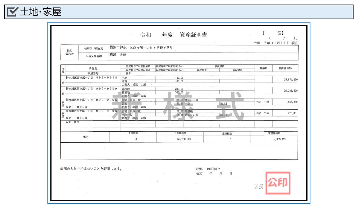 資産証明書（見本）