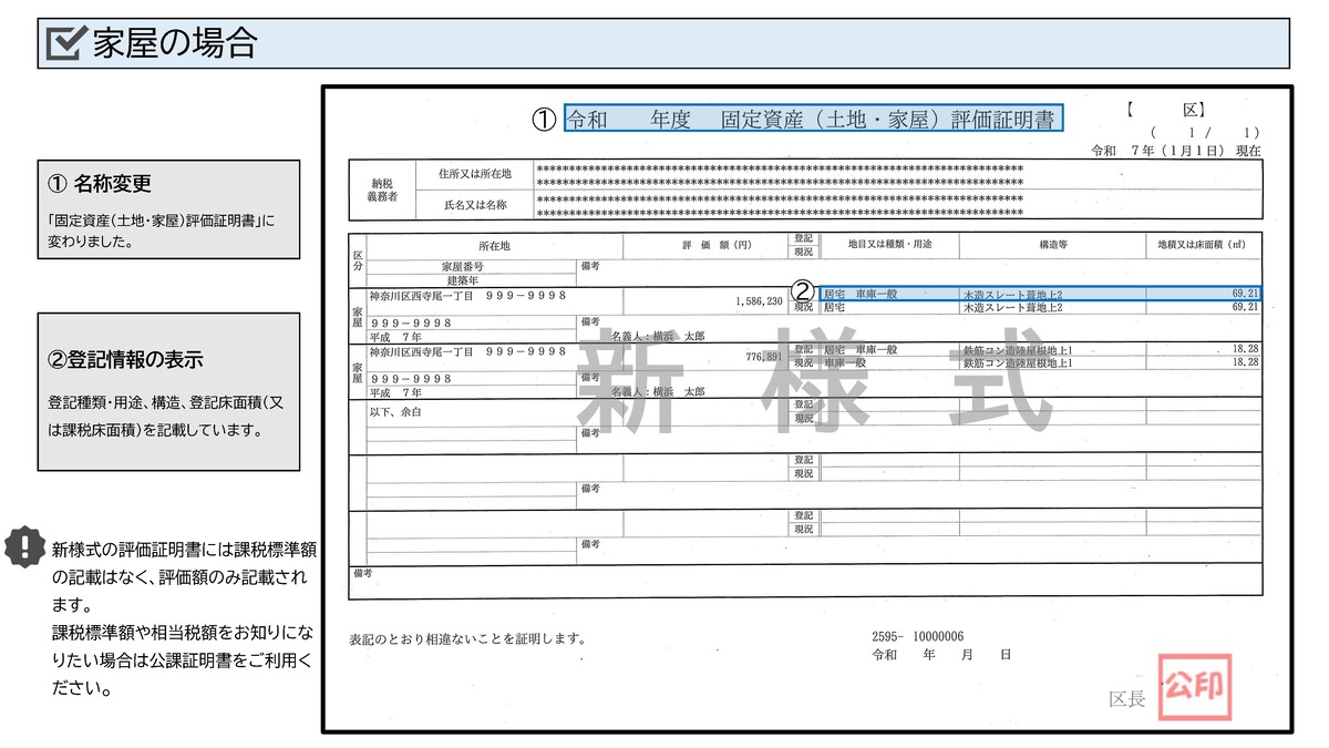 評価証明書（家屋・見本）