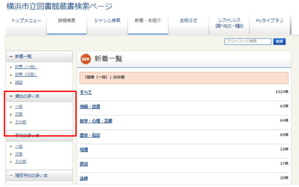 2.『新着一覧』が表示されます。左側の「貸出の多い本」メニューから〔一般〕〔児童〕〔その他〕のいずれ