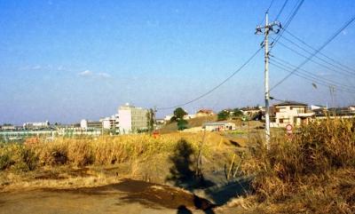 左奥にフジパン横浜工場の低い横長の建物。工場の右隣にフジパン富士見寮がひときわ背高くある。