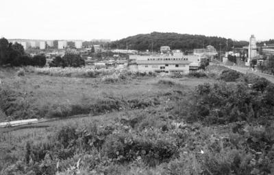 手前の草むらから見た当時の横浜市環境事業局北部特別事務所方向。右端道路沿いにフジパン横浜工場がある。