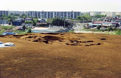 約4500年前の縄文時代中期の大型集落跡。集落跡右上にひかりが丘団地入口の角に守屋モータースがある。