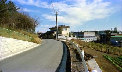 手前左から中山方向に伸びる道路。道路右手前は畑。右端にフジパン横浜工場の煙突がある。