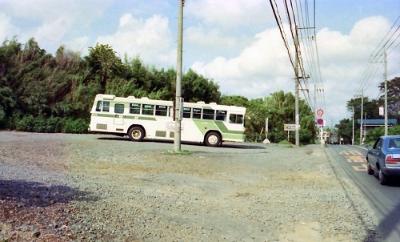 旧バス停「大池」、現バス停「動物園入口」のバス折り返し場。右に中原街道。前方が中山方向。