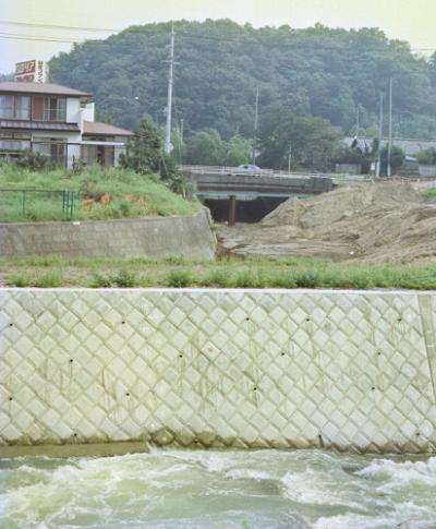 手前が帷子川で、中央奥が下白根橋。左上に日産プリンス神奈川販売旭営業所の看板。