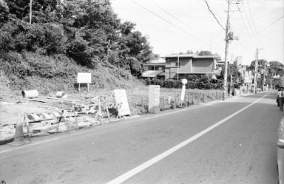 白根通りから鶴ヶ峰方向に見たバス停「白根小学校前」付近。