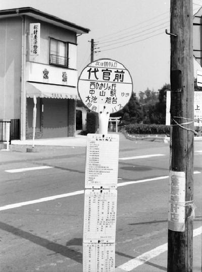 バス停から道路をはさんで奥に白根神社の鳥居がある。白根神社の左には松村屋染物店がある。