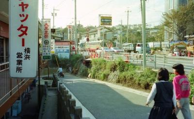 右側に国道16号線があり、バスが走っている。手前の下り坂に歩行者が歩いている。下ると鶴舞橋へ至る。