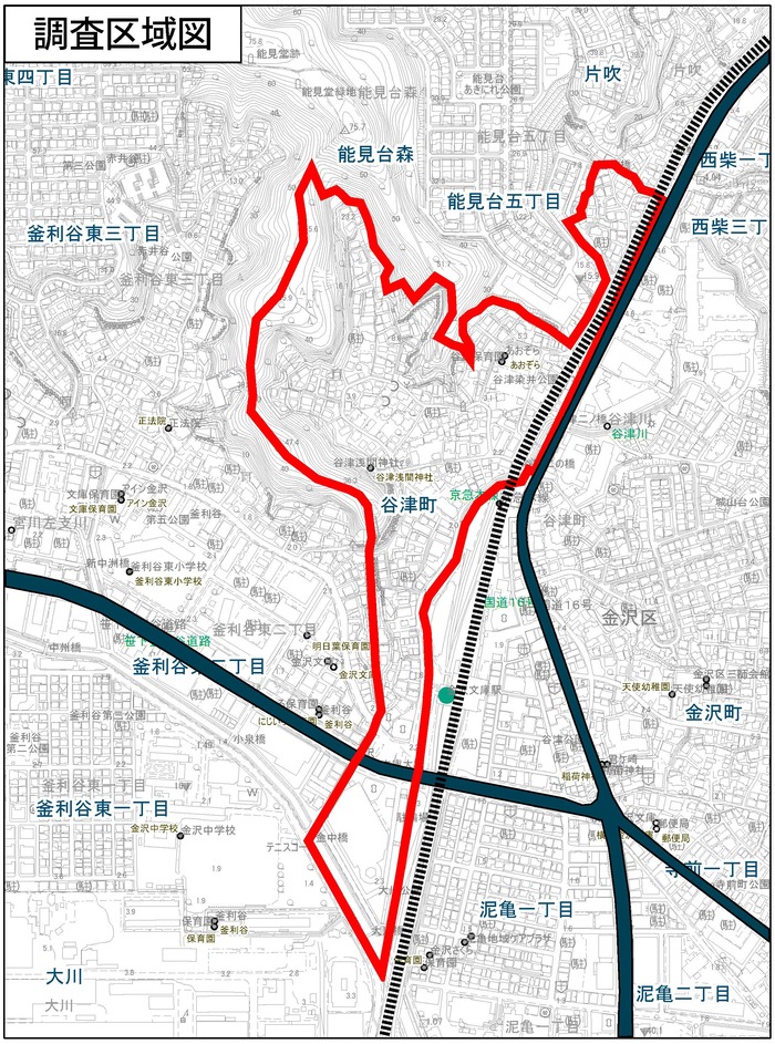 谷津町中京浜急行铁道西侧的范围,以及釜利谷东二丁目中夹在谷津町和谷津川之间的范围