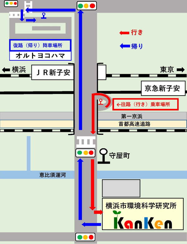 シャトルバスの往路は新子安駅前のバス停付近から出発、復路はオルトヨコハマ前に到着します。