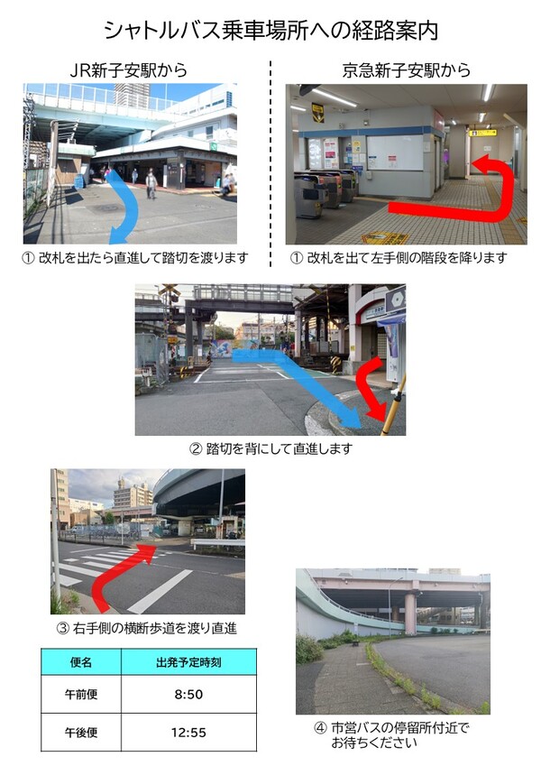 シャトルバス乗車場所への経路案内。バスは新子安駅前の市営バス19系統のバス停と同じ場所から出発します