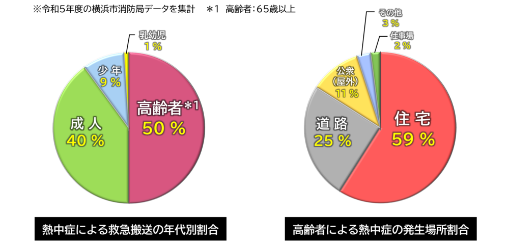 年代別および発生場所別の熱中症による救急搬送の割合