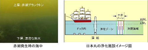 赤潮発生時の海中の写真と、日本丸の浄化施設のイメージ図