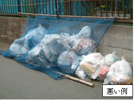 一部のごみ袋が出てしまっているごみ置き場の悪い例
