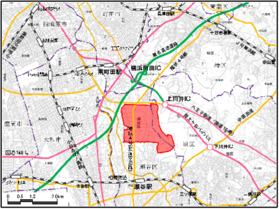 It is a map of "Old Kami-Seya Communication Facility District", surrounding roads, and public transportation.