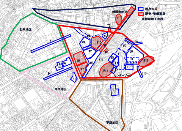 Images of existing facilities and development and maintenance projects in the area around Yokohama Station