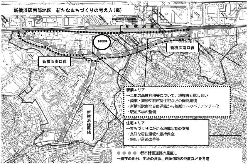 ภาพของวิธีคิด (ข้อเสนอ) ที่ทำด้วยเมืองใหม่ของพื้นที่ทางทิศใต้ ของสถานีชิน-โยะโคะอะมะ