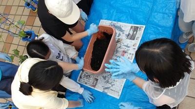 土に生ごみを混ぜる様子の写真