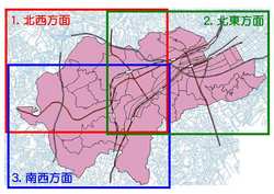 Đây là bản đồ chỉ mục chia phường Minami thành ba hướng.