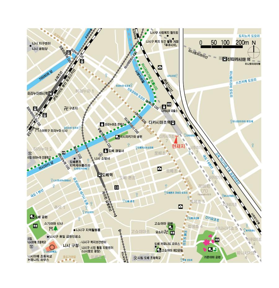 高島町駅前サインの地図をハングルで表記しています。