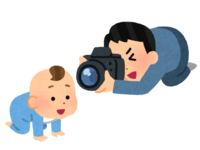 Illustration of a father taking a picture of a baby