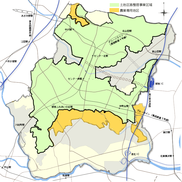 土地区画整理事業区域と農業専用地区の地図